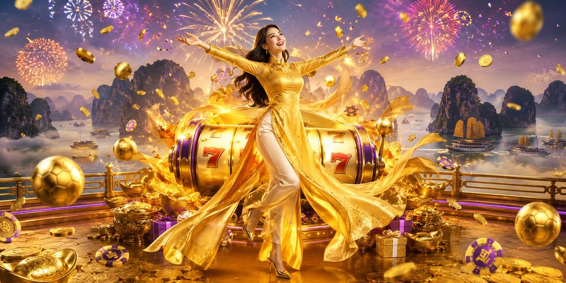 Người phụ nữ mặc áo dài chơi slot game với phông nền vịnh Hạ Long